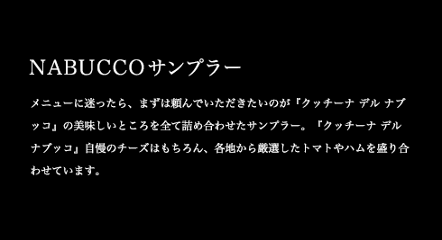 メニューに迷ったら、まずは頼んでいただきたいのが『クッチーナ デル ナブッコ』の美味しいところを全て詰め合わせたサンプラー。『クッチーナ デル ナブッコ』自慢のチーズはもちろん、各地から厳選したトマトやハムを盛り合わせています。
